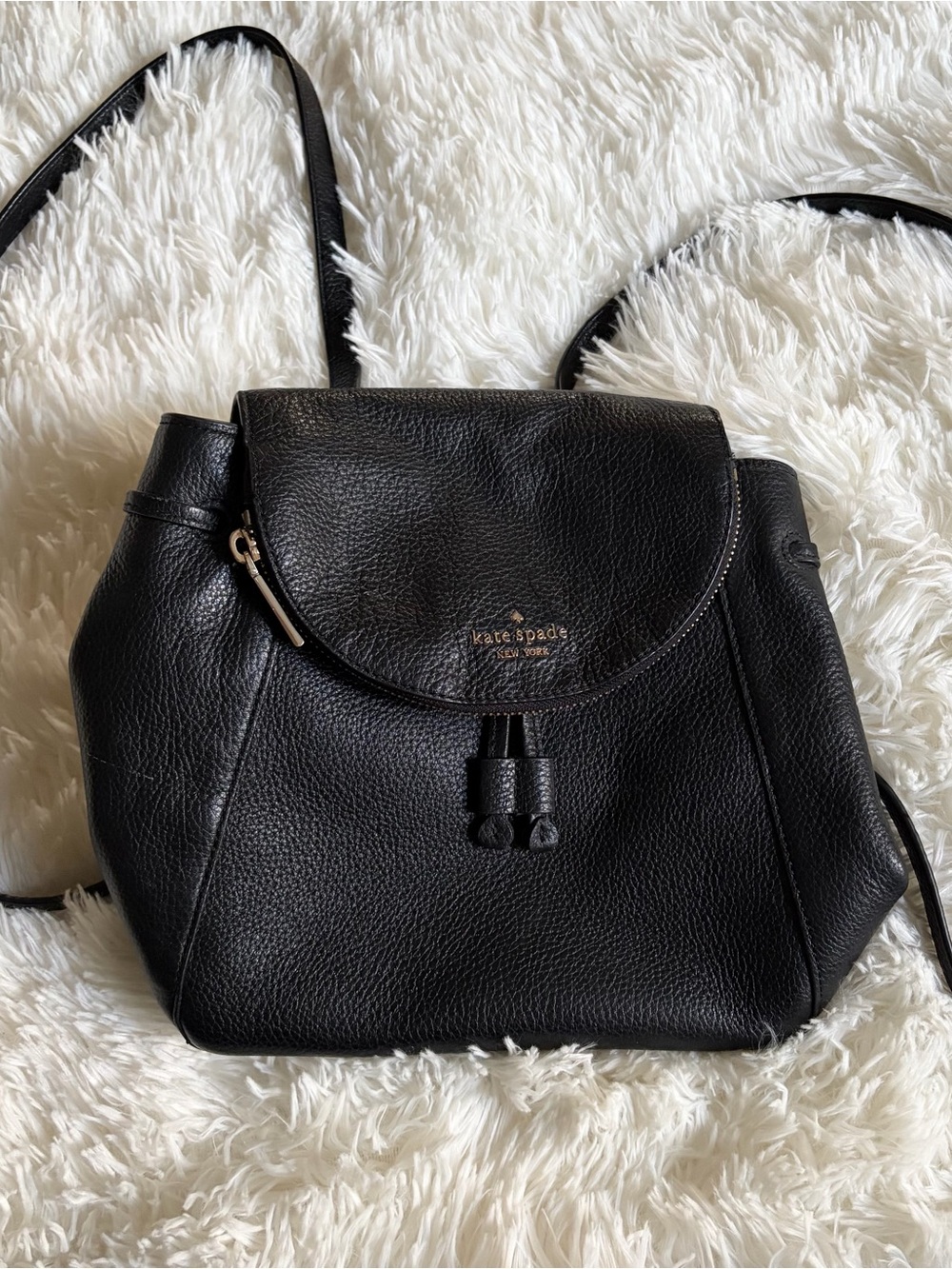 Kate Spade New York Black Pebbled Leather Medium Leila Flap Backpack
